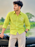 Men's Lime Green Poly Cotton Full Sleeve Shirt with Dove Embroidery