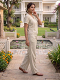 Women's Two Piece Set, Cream, V-Neck Top with Wide Leg Trousers, Short Sleeve