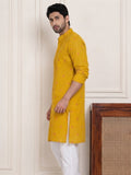 Men’s Yellow Pure Cotton Printed Straight Kurta | Full Sleeve Ethnic Wear