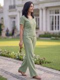 Women's Two Piece Set, Light Green, V-Neck Top with Wide Leg Trousers, Short Sleeve