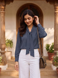 Women’s Elegant Crepe Tie-Neck Full Sleeve Blouse – Stylish Blue Office & Casual Wear Top