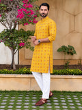 Vida Loca Men’s Printed Cotton Blend Straight Kurta – Mustard Yellow