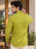 Men's Lime Green Mountain Landscape Embroidered Poly Cotton Full-Sleeve Casual Shirt
