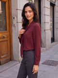 Women’s Elegant Crepe Bow-Neck Full Sleeve Blouse – Solid Maroon Formal Top