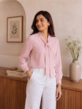 Women’s Elegant Crepe Tie-Neck Full Sleeve Blouse – Stylish Baby Pink Office & Casual Wear Top