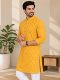 Vida Loca Men’s Yellow Printed Cotton Blend Kurta with Mandarin Collar