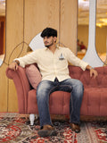 Men's Cream Beige Sailboat Embroidered Poly Cotton Full-Sleeve Casual Shirt