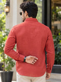 Men's Red Textured Mountain Embroidery Poly Cotton Full-Sleeve Casual Shirt