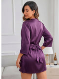 Women's Satin Lace Robe Nightwear with Waist Tie Belt ( 521 )
