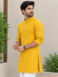 Vida Loca Men’s Printed Cotton Blend Straight Kurta – Mustard Yellow
