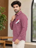 Men's Maroon Crane Embroidered Poly Cotton Full-Sleeve Casual Shirt