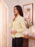Women’s Elegant Solid Yellow Crepe Bow-Neck Full Sleeve Formal Top