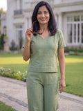 Women's Two Piece Set, Light Green, V-Neck Top with Wide Leg Trousers, Short Sleeve