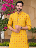 Vida Loca Men’s Printed Cotton Blend Straight Kurta – Mustard Yellow
