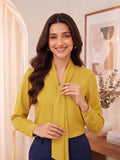 Women’s Elegant Yellow Crepe Bow-Tie Neck Full Sleeve Formal Top