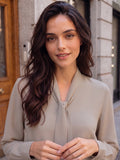 Women’s Elegant Grey Crepe Bow-Tie Neck Full Sleeve Formal Top