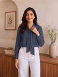 Women’s Elegant Crepe Tie-Neck Full Sleeve Blouse – Stylish Blue Office & Casual Wear Top