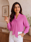 Women’s Solid Crepe Bow Neck Full Sleeve Top – Elegant Casual & Office Wear Blouse