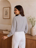 Women’s Elegant Crepe Bow Neck Full Sleeve Top – Solid Light Grey Formal Blouse