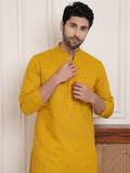 Men’s Yellow Pure Cotton Printed Straight Kurta | Full Sleeve Ethnic Wear