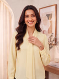 Women’s Elegant Solid Yellow Crepe Bow-Neck Full Sleeve Formal Top