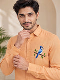 Men's Orange Bird Embroidered Poly Cotton Full-Sleeve Casual Shirt