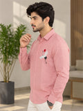 Men's Pink Crane Embroidered Poly Cotton Full-Sleeve Casual Shirt