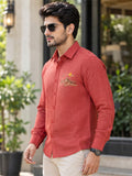 Men's Red Textured Mountain Embroidery Poly Cotton Full-Sleeve Casual Shirt