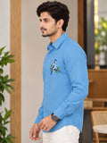 Men's Sky Blue Poly Cotton Full Sleeve Shirt with Bird Embroidery