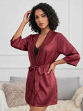 Women's Satin Lace Robe Nightwear with Waist Tie Belt ( 521 )