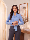 Women’s Solid Crepe Bow Tie Neck Full Sleeve Formal Blouse