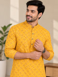 Vida Loca Men’s Yellow Printed Cotton Blend Kurta with Mandarin Collar