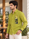 Men's Lime Green Mountain Landscape Embroidered Poly Cotton Full-Sleeve Casual Shirt