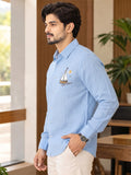 Men's Sky Blue Sailboat Embroidered Poly Cotton Full-Sleeve Casual Shirt