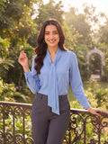 Women’s Solid Crepe Bow Tie Neck Full Sleeve Formal Blouse