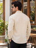 Men's Cream Beige Sailboat Embroidered Poly Cotton Full-Sleeve Casual Shirt
