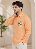 Men's Orange Bird Embroidered Poly Cotton Full-Sleeve Casual Shirt