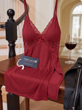 Women's Wine Lace Babydoll Nightdress | Sleeveless V-Neck Soft Nightwear ( 481 )