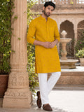 Men’s Yellow Pure Cotton Printed Straight Kurta | Full Sleeve Ethnic Wear