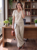 Women's Two Piece Set, Cream, V-Neck Top with Wide Leg Trousers, Short Sleeve