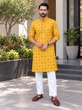 Vida Loca Men’s Printed Cotton Blend Straight Kurta – Mustard Yellow