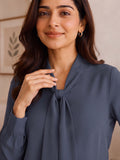 Women’s Elegant Crepe Tie-Neck Full Sleeve Blouse – Stylish Blue Office & Casual Wear Top