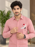 Men's Pink Crane Embroidered Poly Cotton Full-Sleeve Casual Shirt