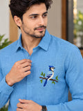 Men's Sky Blue Poly Cotton Full Sleeve Shirt with Bird Embroidery