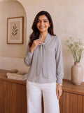 Women’s Elegant Crepe Bow Neck Full Sleeve Top – Solid Light Grey Formal Blouse
