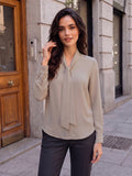 Women’s Elegant Grey Crepe Bow-Tie Neck Full Sleeve Formal Top