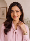 Women’s Elegant Crepe Tie-Neck Full Sleeve Blouse – Stylish Baby Pink Office & Casual Wear Top