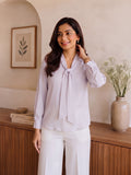Women’s Lavender Crepe Tie-Neck Blouse with Long Sleeves | Elegant Formal & Casual Top