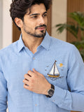 Men's Sky Blue Sailboat Embroidered Poly Cotton Full-Sleeve Casual Shirt
