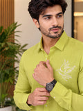 Men's Lime Green Poly Cotton Full Sleeve Shirt with Dove Embroidery